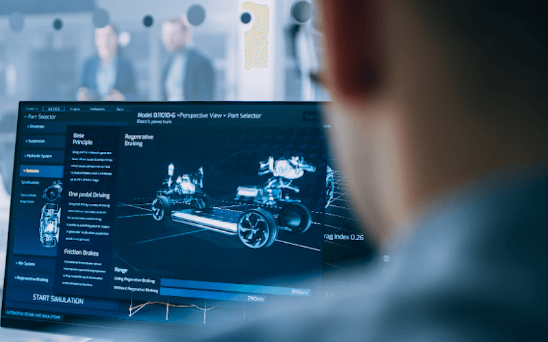 1 Konstrukteur sitzt vor einem Rechner, auf welchem er ein 3D CAD Modell abgebildet sieht 1 Konstrukteur sitzt vor einem Rechner, auf welchem er ein 3D CAD Modell abgebildet sieht